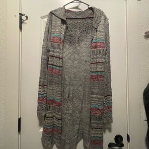 Long grey/burgundy/teal duster with hood